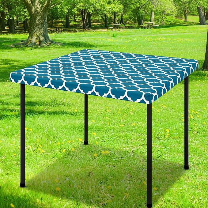 Smiry Picnic Fitted Table Cover, Square Flannel Backed Vinyl Tablecloth | Waterproof Elastic Stretch Table Cloth, Wipeable Plastic Tablecloth for Camping, Indoor & Outdoor (Turquoise, 42" x 42")