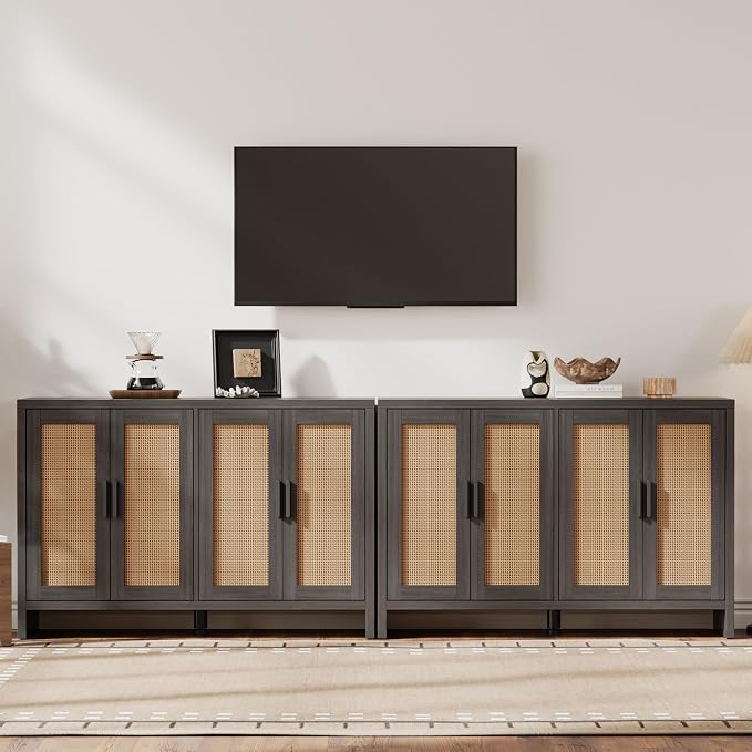 Rattan Buffet Cabinet with Storage, Sideboard with Doors, Console Table, Farmhouse Coffee Bar, Modern Wood Long Cabinets (Brown Black)