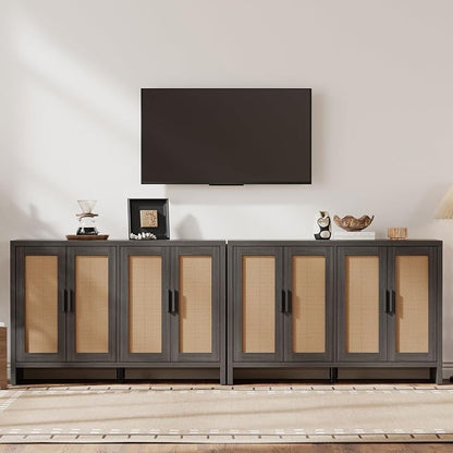 Rattan Buffet Cabinet with Storage, Sideboard with Doors, Console Table, Farmhouse Coffee Bar, Modern Wood Long Cabinets (Brown Black)