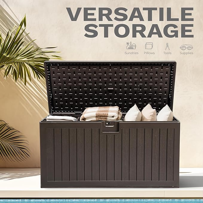 DWVO 180 Gallon Double-Wall Deck Box, XL Large Resin Outdoor Storage Box, Lockable & Waterproof, Double as Seating, 1000lbs Capacity (Brown)
