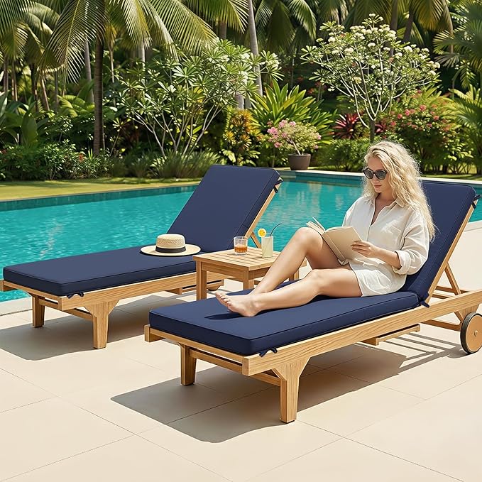 Fabuday Chaise Lounge Chair Cushions for Outdoor Furniture - 72 x 21 x 3 Inch Waterproof Patio Pool Sunbrella Lounger Pads Replacement with Removable Cover, Navy, Set of 2