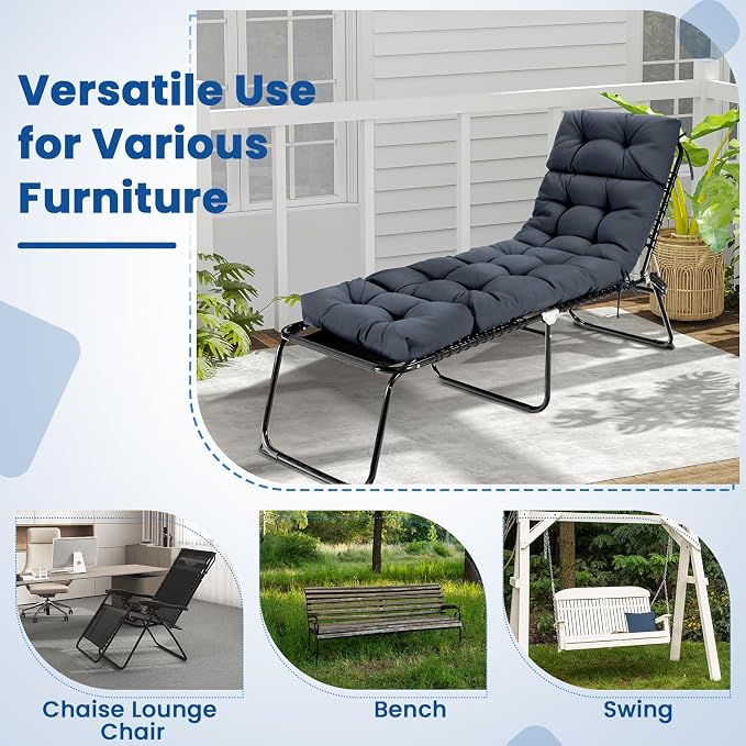 Tangkula Chaise Lounge Cushions Outdoor, 73 x 22 Inch Patio High Back Recliner Cushion with 4 String Ties, 4” Thick Padded Lounge Chair Cushion Replacement for Outdoor Indoor Furniture (1, Gray)