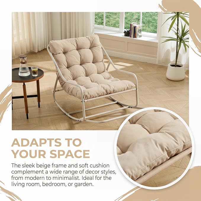 Outdoor Rocking Chairs, Metal Frame Outdoor Rocker with Footrest, Comfy Oversized Patio Chair with Thick Cushion, Reading Glider Lounge Chair for Living Room, Bedroom, Garden, Relax, Beige