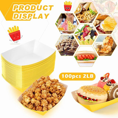 100 Pcs 2lb Paper Food Trays Boat Nacho Boats for Hot Dogs, Yellow | Grease-Resistant, Disposable Kraft Paper Boat for Tacos Concession, Food Trucks, Birthday, Wedding, Christmas, Halloween
