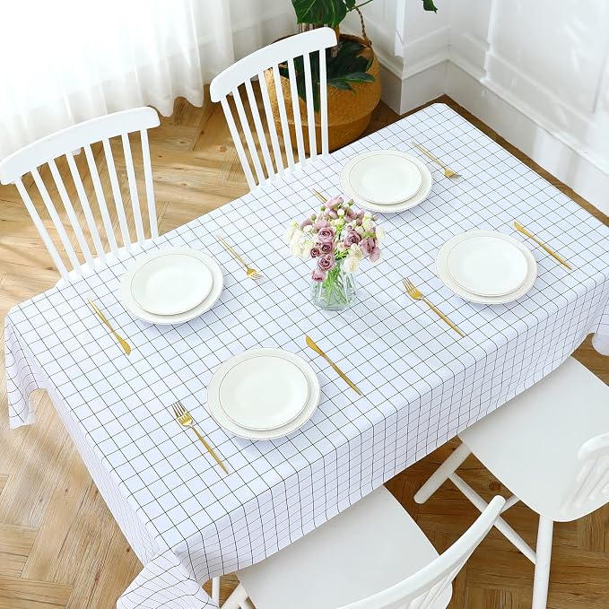 Romanstile Rectangle Vinyl Tablecloth, 100% Waterproof Oil-Proof Checkered Plastic Table Cloth, Heavy Duty Wipeable Table Covers for Dining, Camping, Picnic, Outdoor - 60 x 84 Inch, White