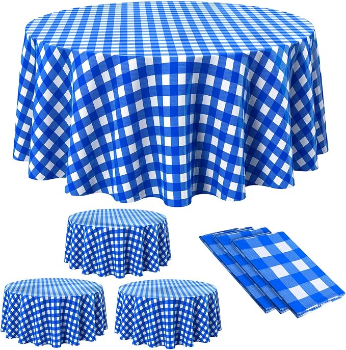 Disposable Checkered Tablecloth Round Plastic Buffalo Plaid Table Cloth 84'' Gingham Tablecover for Picnic Camping BBQ Graduation Party (Blue and White, 3 Pieces)