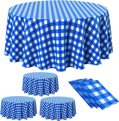 Disposable Checkered Tablecloth Round Plastic Buffalo Plaid Table Cloth 84'' Gingham Tablecover for Picnic Camping BBQ Graduation Party (Blue and White, 3 Pieces)