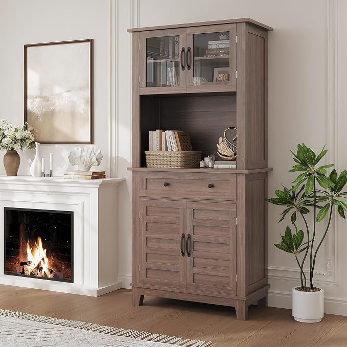 Garvee 72" Tall Kitchen Pantry Cabinet with Hutch and Microwave Stand | Freestanding Food Pantry Hutch with Adjustable Shelves, Glass Doors And Drawers for Dining Room, Living Room, Brown
