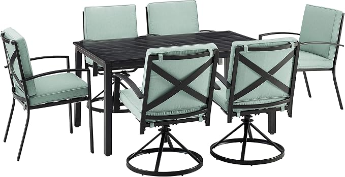 Crosley Furniture Kaplan 7-Piece Outdoor Dining Set for 6, Patio Table and Chairs for Backyard, Deck, Oiled Bronze with Mist Cushions