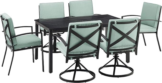 Crosley Furniture Kaplan 7-Piece Outdoor Dining Set for 6, Patio Table and Chairs for Backyard, Deck, Oiled Bronze with Mist Cushions