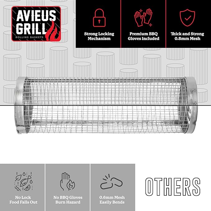 AVIEUS GRILL Rolling Grill Basket | Rolling Grilling Baskets for Outdoor Grilling 2 Pcs | Barbecue Grill Set with BBQ Gloves | Portable Camping Net Rack Perfect for Vegetables, Seafood & Meat