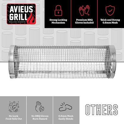 AVIEUS GRILL Rolling Grill Basket | Rolling Grilling Baskets for Outdoor Grilling 2 Pcs | Barbecue Grill Set with BBQ Gloves | Portable Camping Net Rack Perfect for Vegetables, Seafood & Meat