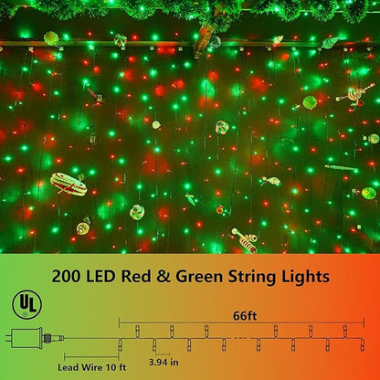 YEGUO 200 LED 66ft String Lights Outdoor Waterproof, Red and Green Christmas Lights Indoor, Green Wire Twinkle Tree Lights Plug in with Timer Memory 8 Modes