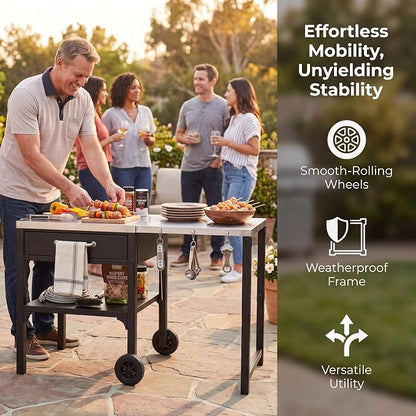 55” Outdoor Grill Table with Storage Cabinet & Folding, Metal | Stainless Steel Top Grill Cart for Kitchen with Wheels & Hooks, Kitchen Island Prep Table/Pizza Oven Table for BBQ Backyard