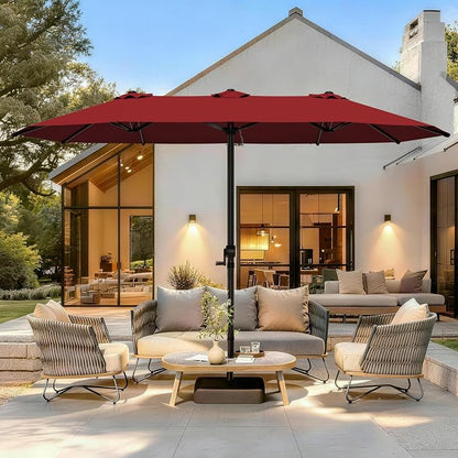 GDPFN 13FT Large Patio Umbrella with Base Included, Outdoor Deck Standing Umbrella with Crank Handle, Double-Side Rectangular Pool Umbrella for Outside, Market, Patio, Burgundy (Base Not Include)