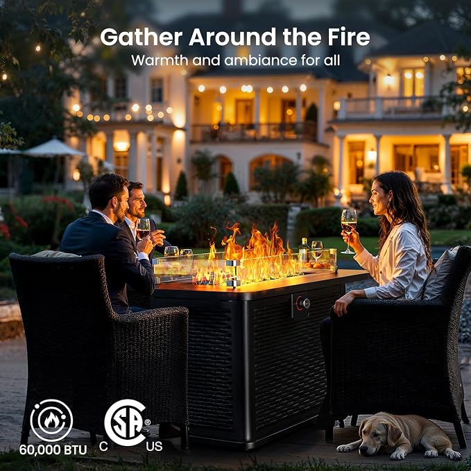 Ciays 43-Inch Rectangular Propane Fire Pit with 60,000 BTU Output, Outdoor Gas Fire Pit Table Premium for Outside Patio with 304 Stainless Steel H-Burner, Glass Stones, and Wind Guard