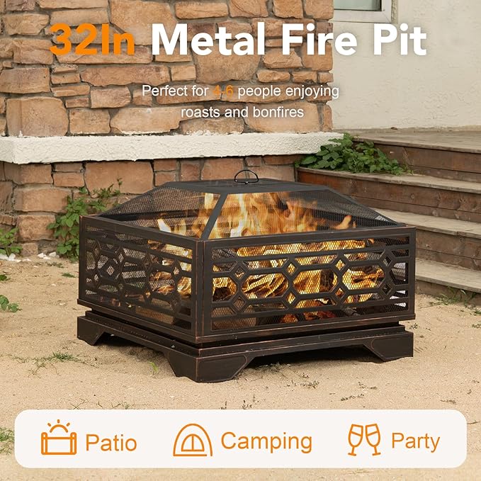Florise Outdoor Fire Pit, 32 Inch Wood Burning Firepit for Outside with Mesh Cover & Fire Poker, Large Square Metal Fireplace for Patio, Backyard, Garden, Bonfire Party