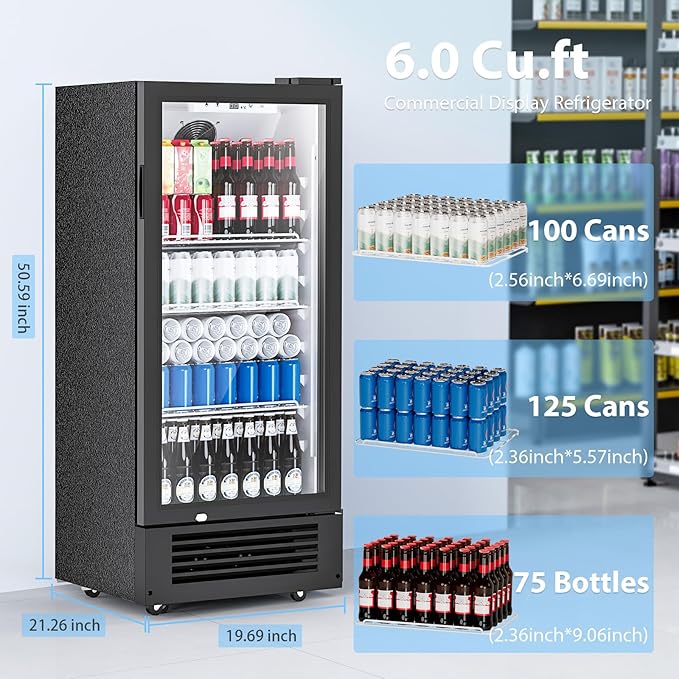 COWSAR Beverage Refrigerator Cooler, Freestanding 145 Can Beverage Refrigerator with Smart Temperature Control，6 CU FT Quiet Fridge with Lightbox for Bar, Office, Restaurant or Home, Black