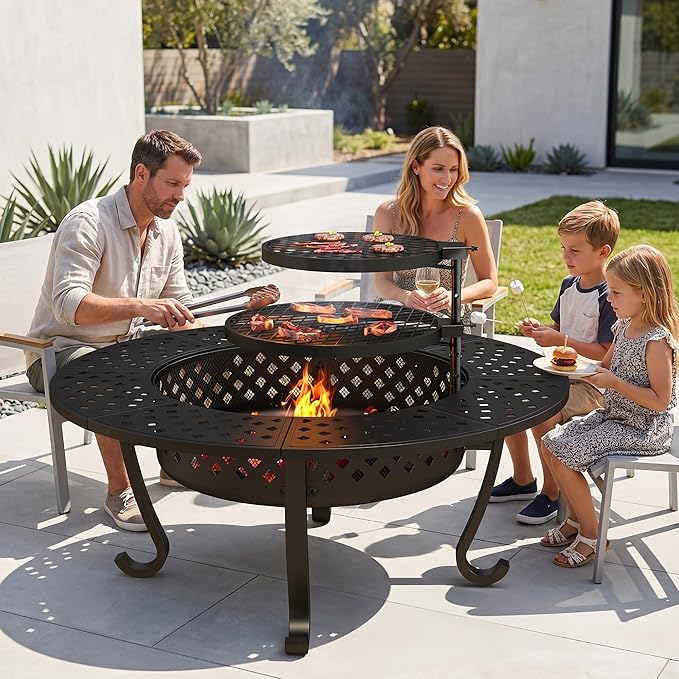 Wisteria Lane 3 in 1 48" Extra Large Fire Pit for Outside Wood Burning with 2 Adjustable Grills, Outdoor Fireplace with Lid and Fire Poker, BBQ & Bonfire & Round Metal Table for Patio, Backyard