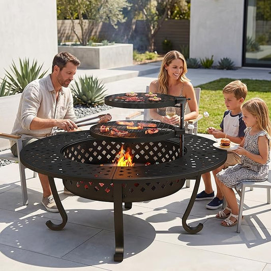 Wisteria Lane 3 in 1 48" Extra Large Fire Pit for Outside Wood Burning with 2 Adjustable Grills, Outdoor Fireplace with Lid and Fire Poker, BBQ & Bonfire & Round Metal Table for Patio, Backyard