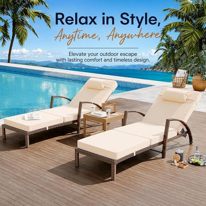 Garvee Outdoor Chaise Lounge Chairs Set of 2, PE Rattan Wicker Patio Lounge Chairs with 5-Position Adjustable Backrest, 3.5" Cushions & Wheels, 380 lbs Capacity Heavy Duty Pool Lounge Chair, Beige