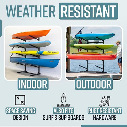 Teal Triangle Adjustable Freestanding Kayak Storage Rack, Holds 6 Kayaks | Outdoor Kayak Rack, Paddle Board Holder, Canoe Rack, Kayak Stand, Felt Padded Arms, Weather Resistant Steel