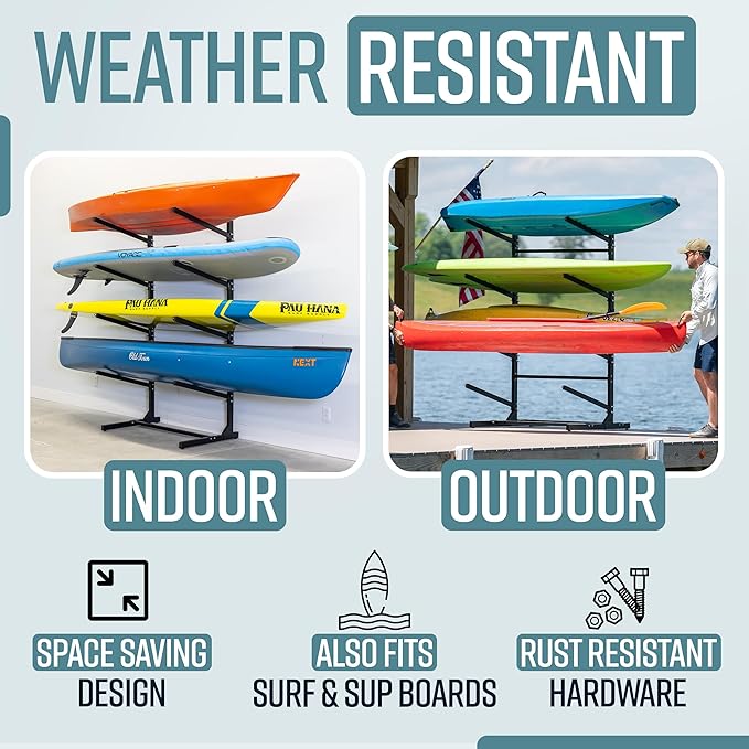 Teal Triangle Adjustable Freestanding Kayak Storage Rack, Holds 8 Kayaks | Outdoor Kayak Rack, Paddle Board Holder, Canoe Rack, Kayak Stand, Felt Padded Arms, Weather Resistant Steel