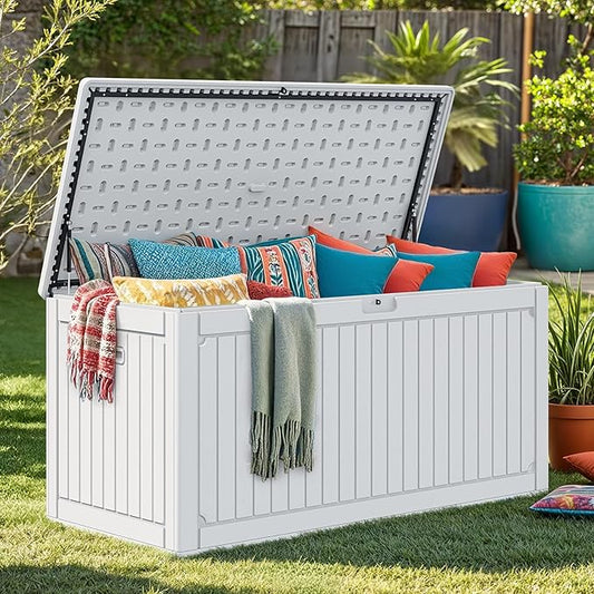 DWVO 320 Gallon Resin Outdoor Storage Box, XXL Double-Wall Waterproof Deck Box with Divider, Doubles as Table or Seating with 1000 lbs Capacity, Lockable (Grayish-White)