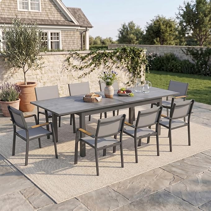 RoyalCraft 9-Piece Outdoor Dining Set with Adjustable Length Dining Table, 92" L×33.5" W Expandable Patio Table and Chairs Set for 8, Aluminum Stackable Chairs with Quick Drying Fabric for Porch, Grey