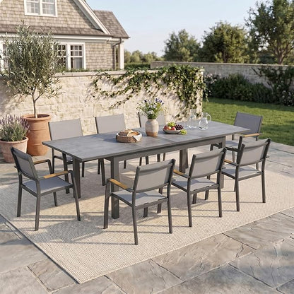 RoyalCraft 9-Piece Outdoor Dining Set with Adjustable Length Dining Table, 92" L×33.5" W Expandable Patio Table and Chairs Set for 8, Aluminum Stackable Chairs with Quick Drying Fabric for Porch, Grey