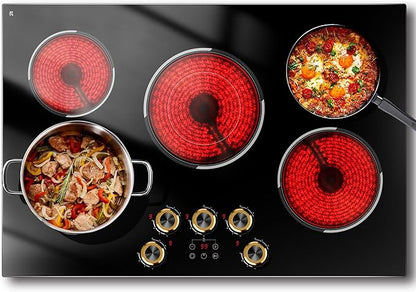 30 Inch Electric Cooktop, 30" Electric Stove 8500W, 5 Burner Ceramic Cook Top Built-in, Knob & Touch Control, Expanded Zone, Child Lock, Pause Function, 220V - 240V Hard Wire, No Plug