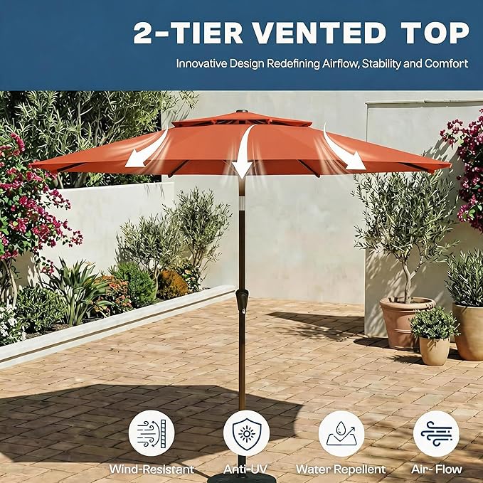 Patio Umbrella, 2 Tier Outdoor Table Umbrella, Large Vented Market Umbrellas with Push Button Tilt and Crank, 8 Sturdy Ribs for Backyard, Deck, Pool, UPF50+ UV Protection
