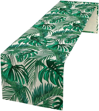 Tropical Leaves Table Runner Jungle Green Plam Tree Leave Retro Boho Hawaii Botanical Plant Spring Seasonal Dinner Runner for Home Farmhouse Kitchen Dining Holiday Party 13x36in