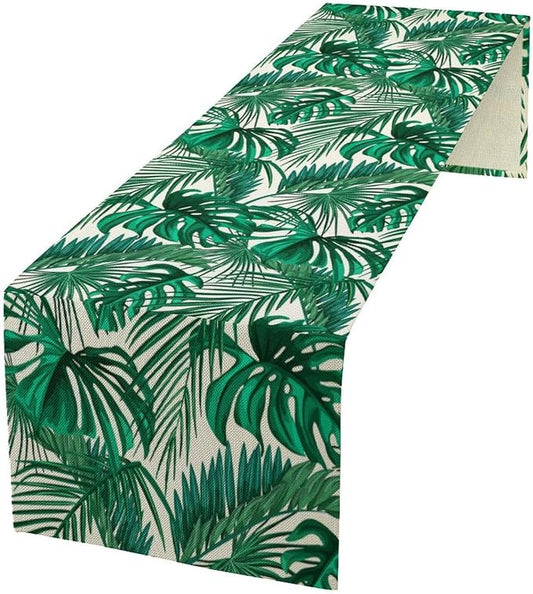 Tropical Leaves Table Runner Jungle Green Plam Tree Leave Retro Boho Hawaii Botanical Plant Spring Seasonal Dinner Runner for Home Farmhouse Kitchen Dining Holiday Party 13x36in