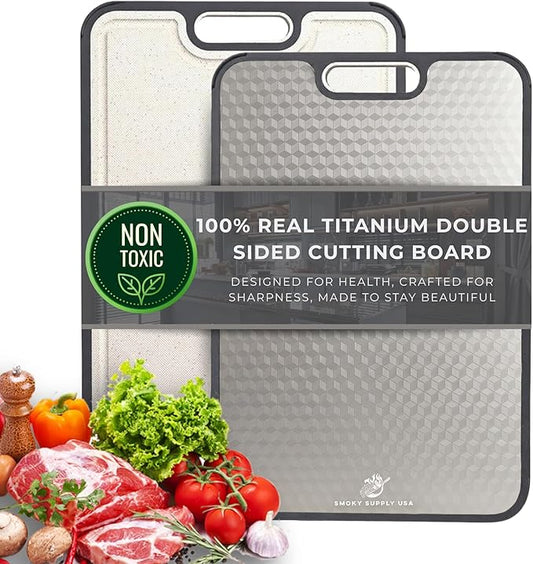 Titanium Cutting Board | Scratch Reduction Mesh | Double-Sided Pure Titanium and Wheat Straw | Anti Slip | Juice Groove | Stain Resistant | Food Grade | Easy to Clean | Smoky Supply USA