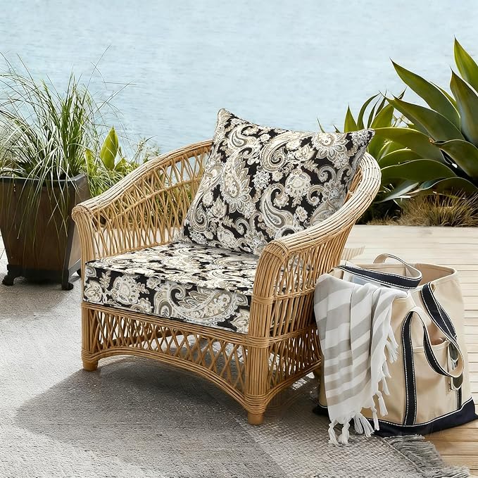 DYTXIII Outdoor Deep Seat Cushion Set, Water Repellent 22"x22" Patio Thick Cushions Replacement with Seat & Back Pillow for Patio Sofa, Wicker Chair, Couch - Paisley Black