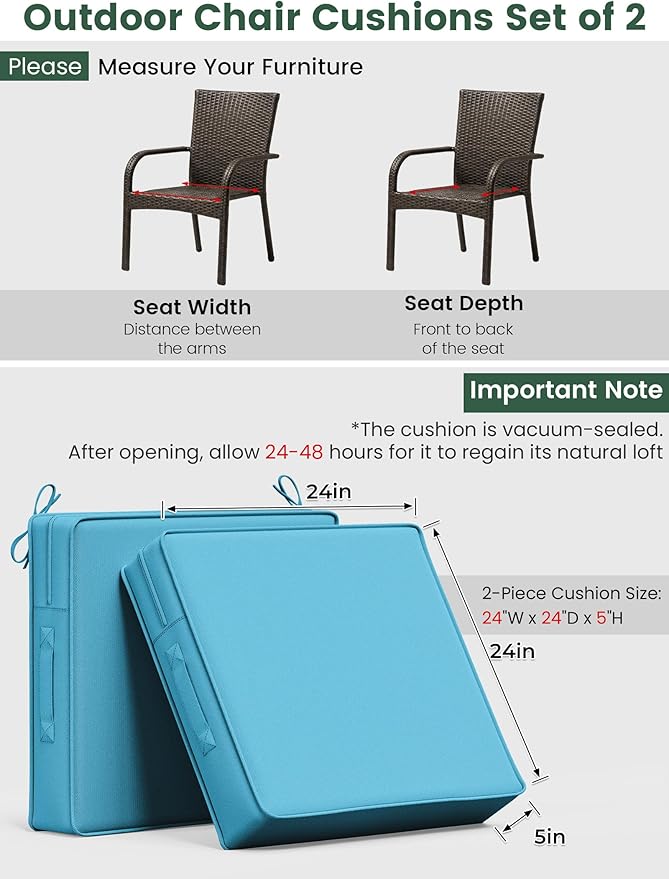 Outdoor Chair Cushion 24 x 24 x 5 Inches Patio Furniture Outdoor Waterproof Seat Cushion, Patio Chair Cushion with Handles and Ties, Square Dining Chair Cushion Set of 2, Lake Blue