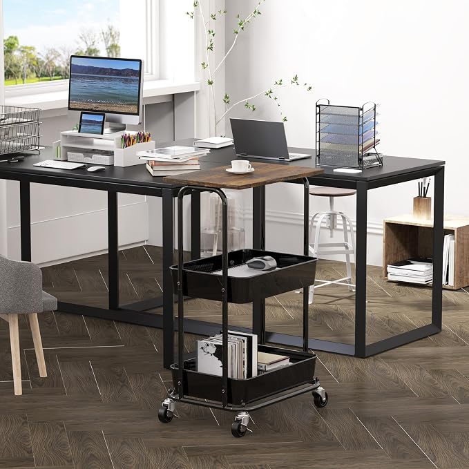 Simple Houseware 2-Tier Utility Cart Wood Top/Lockable Wheel, Rustic Brown | 2-Tier Metal Storage Organizer Trolley for Kitchen, Bathroom, Office, Craft Room