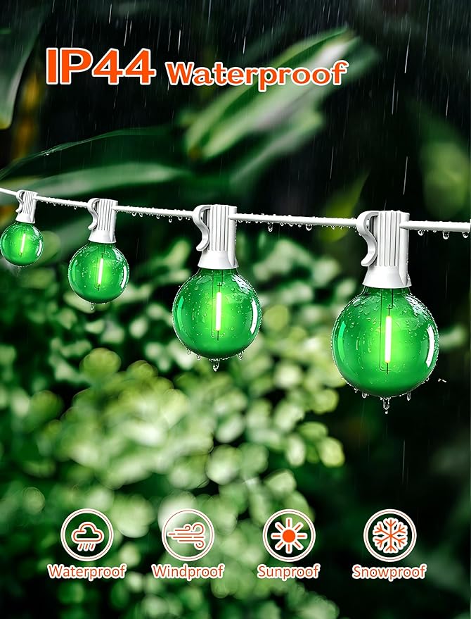 50Ft Outdoor String Lights Green Glow White Wire - Waterproof G40 LED Globe Patio Lights for St. Patrick's Day, Christmas, Garden Fence - 25 Shatterproof Bulbs, Connectable