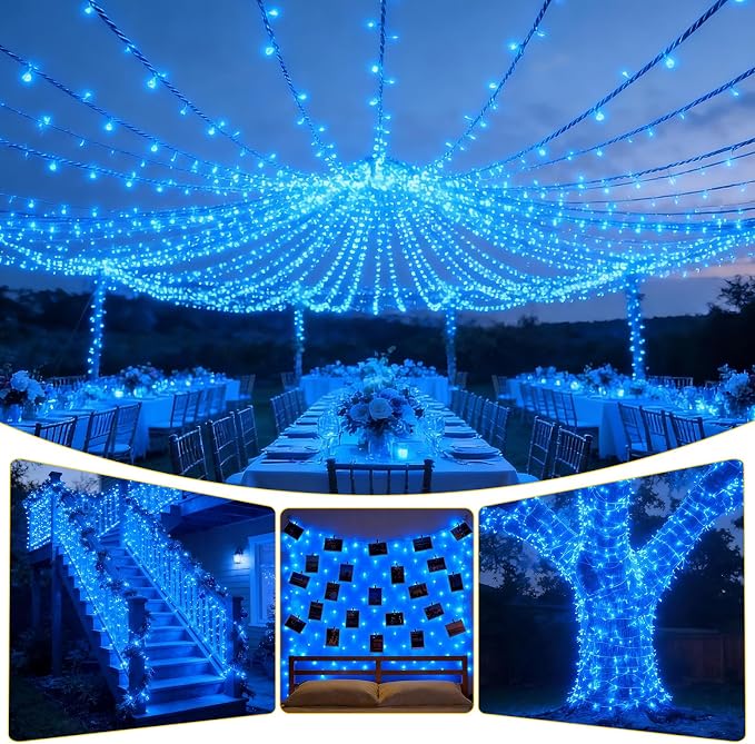 Solar String Lights Outdoor Waterproof 2 Pack Total 66ft 200LED Blue | 8 Modes Twinkle Lights Solar Fairy Lights for Patio, Garden Yard Party Wedding Tree Christmas Halloween Decoration
