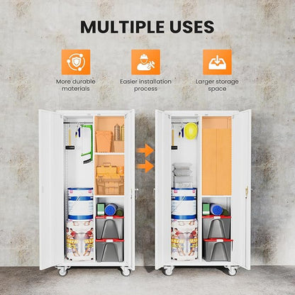 DUMOS 72 Inch Garage Storage Cabinet, Tool Organizer, Lockable File Cabinet | Tall Rolling Metal Steel Frame Storage with Lockable Wheels and Adjustable Shelves, Fits Home Office Warehouse, White