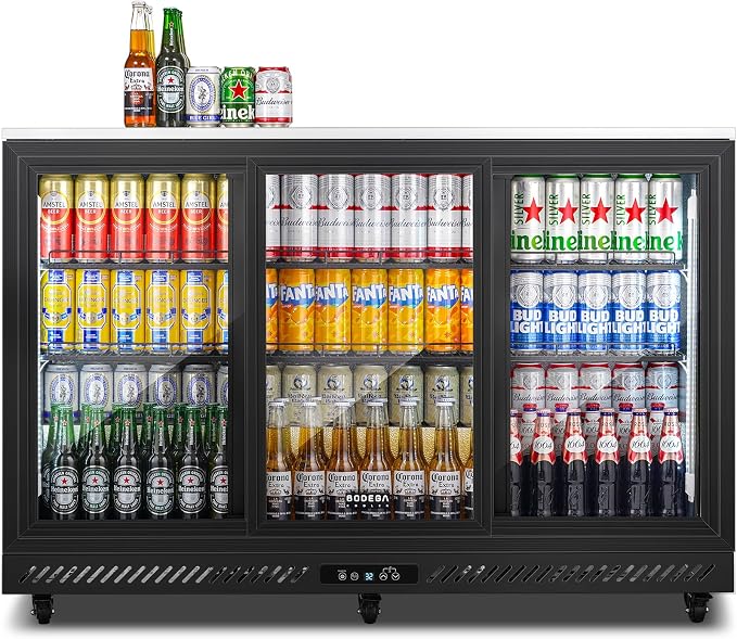 BODEGACOOLER 12 Cu.Ft Back Bar Cooler, 3 Sliding Glass Doors, 6 Castes | Commercial beverage refrigerator for beer and soda with Stainless Steel Top, 6 adjustable shelves, LED lighting, 32°F-50°F