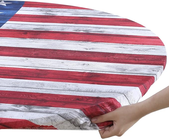 Brielle Home Easy Care Picnic Tablecloth July 4th Printed Indoor Outdoor Elastic Cotton Fabric Fitted Dining Table Cover, 42" Round, American Flag