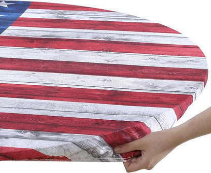 Brielle Home Easy Care Picnic Tablecloth July 4th Printed Indoor Outdoor Elastic Cotton Fabric Fitted Dining Table Cover, 42" Round, American Flag