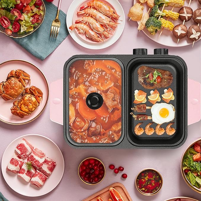Hot Pot Electric with Grill, 2-in-1 Nonstick Korean BBQ Grill Indoor Smokeless Hotpot Pot Electric Cooker Sahabu Shabu Pot, Independent Dual Temperature Control