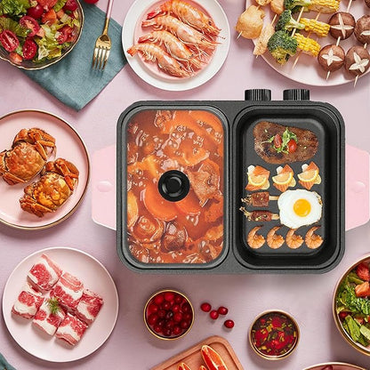 Hot Pot Electric with Grill, 2-in-1 Nonstick Korean BBQ Grill Indoor Smokeless Hotpot Pot Electric Cooker Sahabu Shabu Pot, Independent Dual Temperature Control