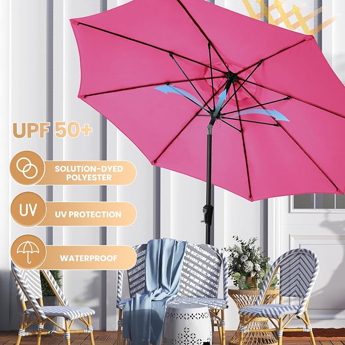 Ayge Patio Umbrella 9FT Outdoor Umbrella Patio Table for deck pink | 8 fiberglass ribs, crank & tilt. UV-resistant waterproof canopy. Fade-proof. Rust-proof frame. For deck, garden, pool.