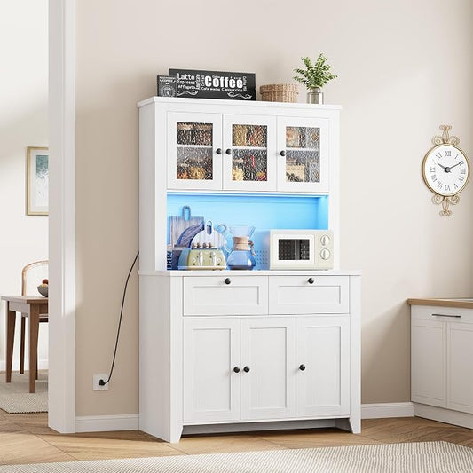 Pantry Cabinet with Charging Station, Farmhouse Kitchen Pantry Storage Cabinet with Countertop, Large Kitchen Hutch with Storage Drawers and Adjustable Shelves & Water Ripple Design for Dining Room,