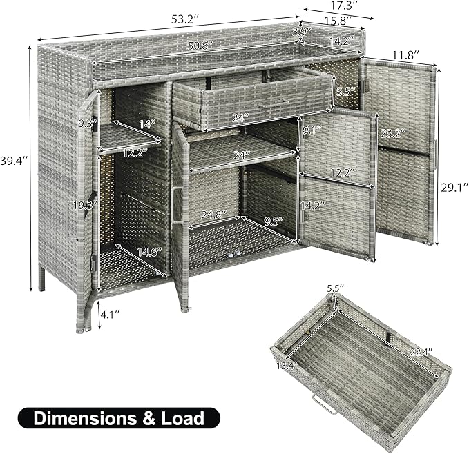 RUNNA 53.2" W Outdoor Weather-Proof Rattan Storage Cabinet with Tempered Glass Desktop,Outdoor Wicker Bar Table with One Large Drawer & Adjustable Shelves for Patio, Backyard,Garden,Pool (Grey#81)