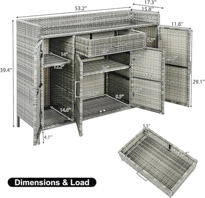 RUNNA 53.2" W Outdoor Weather-Proof Rattan Storage Cabinet with Tempered Glass Desktop,Outdoor Wicker Bar Table with One Large Drawer & Adjustable Shelves for Patio, Backyard,Garden,Pool (Grey#81)
